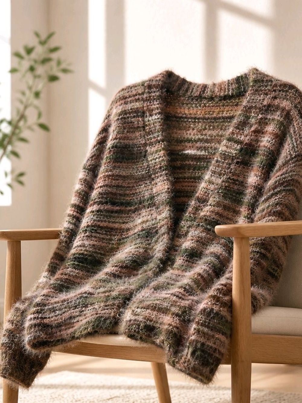 Fuzzy Open-Front Women's Cardigan in Brown & Green Stripe